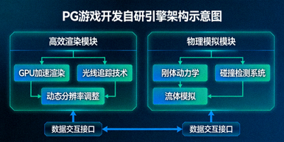 PG游戏开发自研引擎架构示意图，展示高效渲染与物理模拟能力